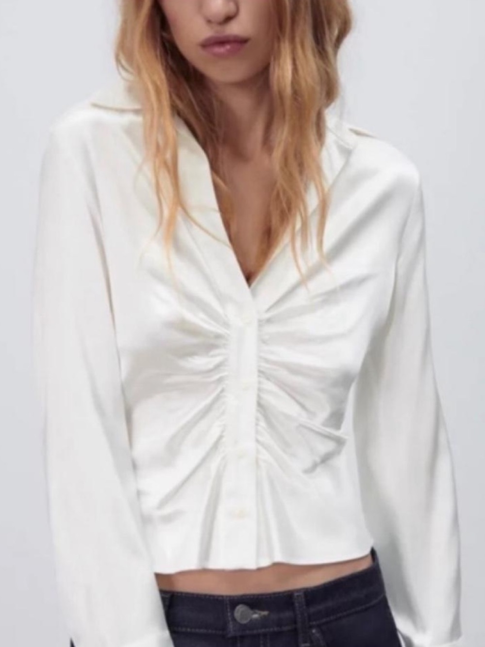 Brand New! Cream Ruched Front Button-Down Shirt